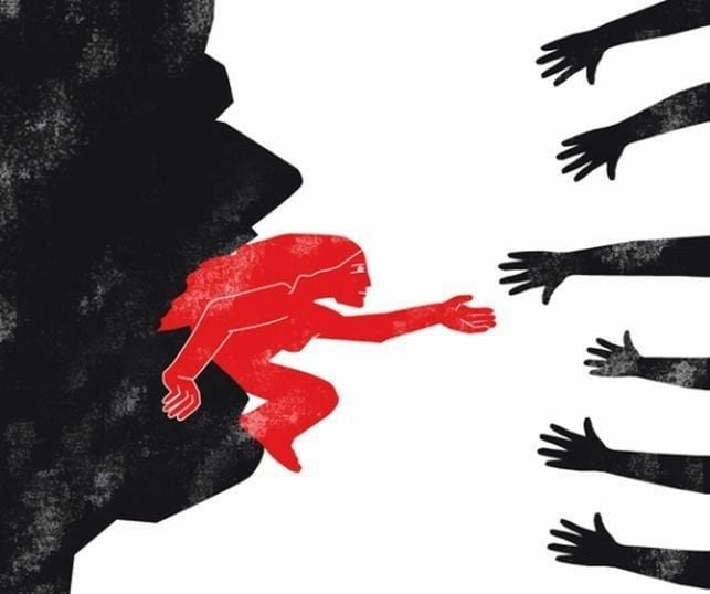 Silhouette illustration of a black profile with a red figure being expelled by multiple black hands reaching from the right side