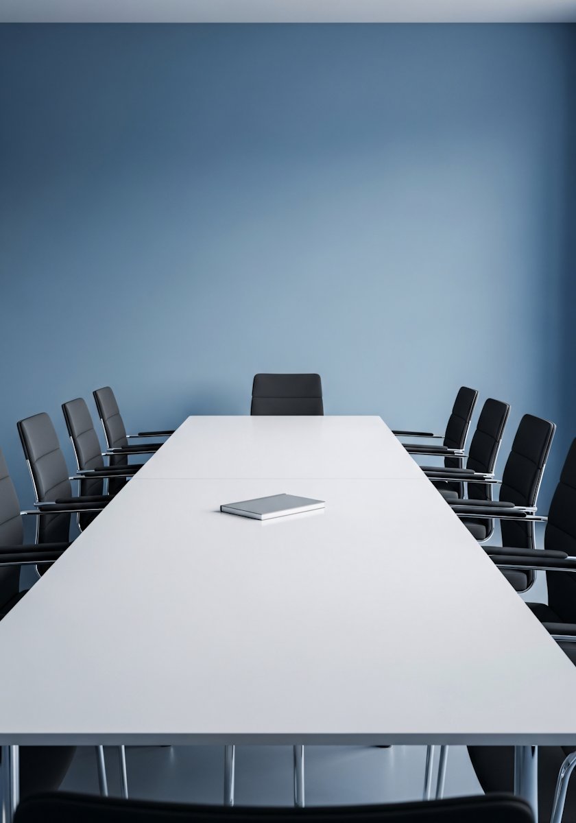 Empty modern conference room with white table, black chairs, and a notebook in the center against a blue wall