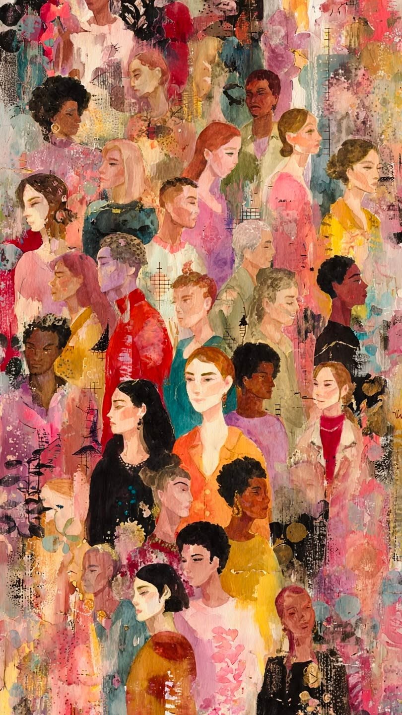 Colorful mixed media illustration of diverse womens faces layered with floral elements, geometric patterns, and vibrant pink, yellow, and blue tones